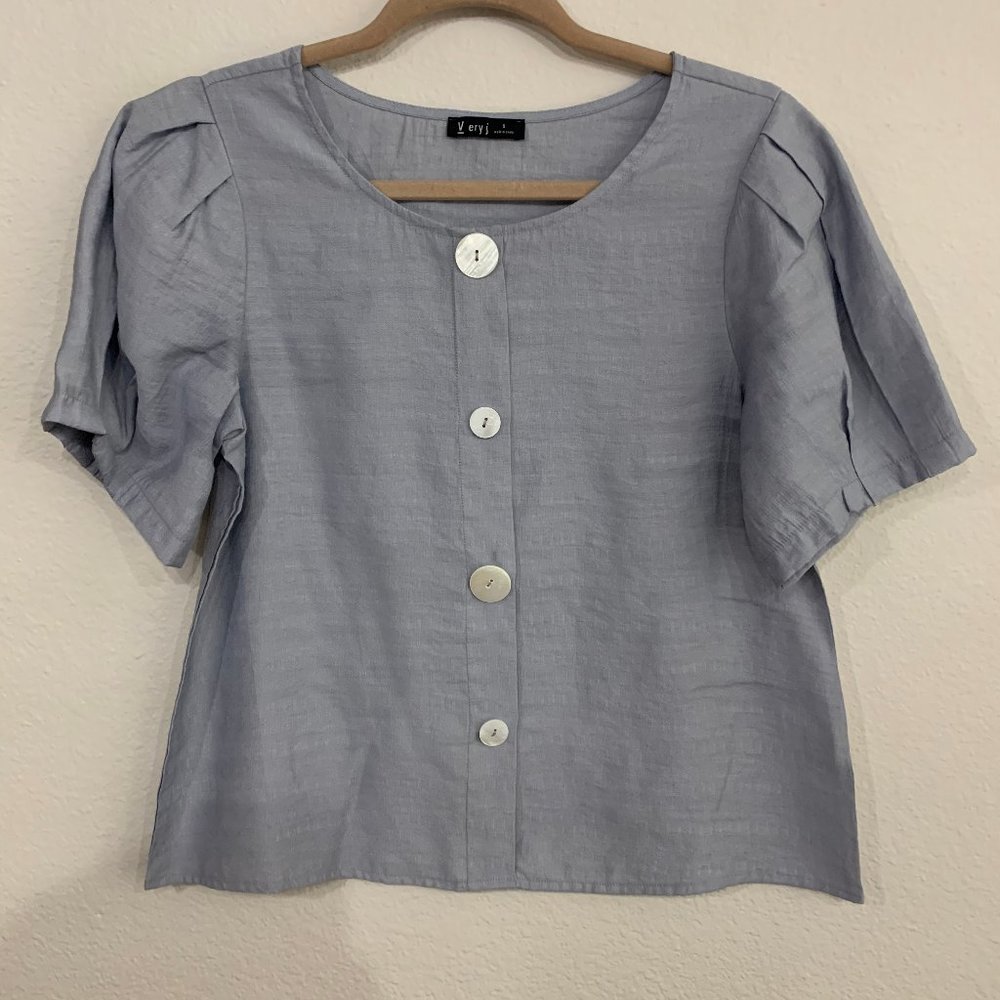 Very J Light Blue Puff Sleeve Button Blouse Small